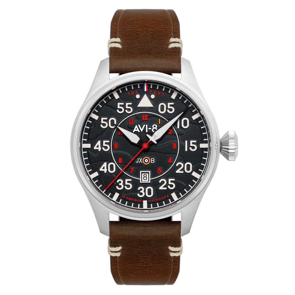 Men's automatic pilot watch, silver case, brown leather strap, black dial with red numerals