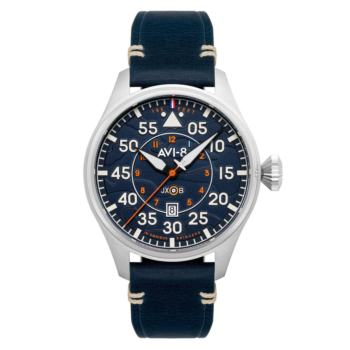 Men's automatic wristwatch front view with blue dial, silver bezel, dark blue leather strap