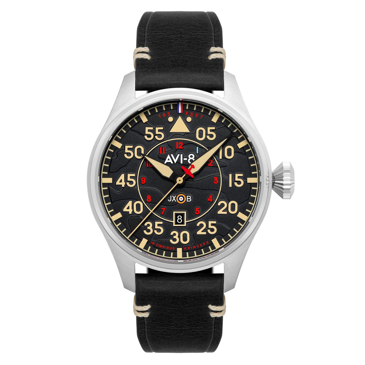 Men's automatic watch, black leather strap and silver case, black dial with red subdials