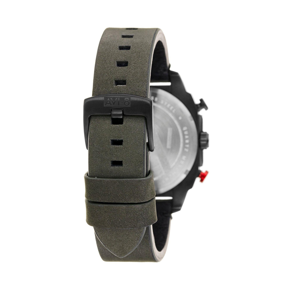 Men's wristwatch side view, olive strap with adjustment holes, black case and crown.