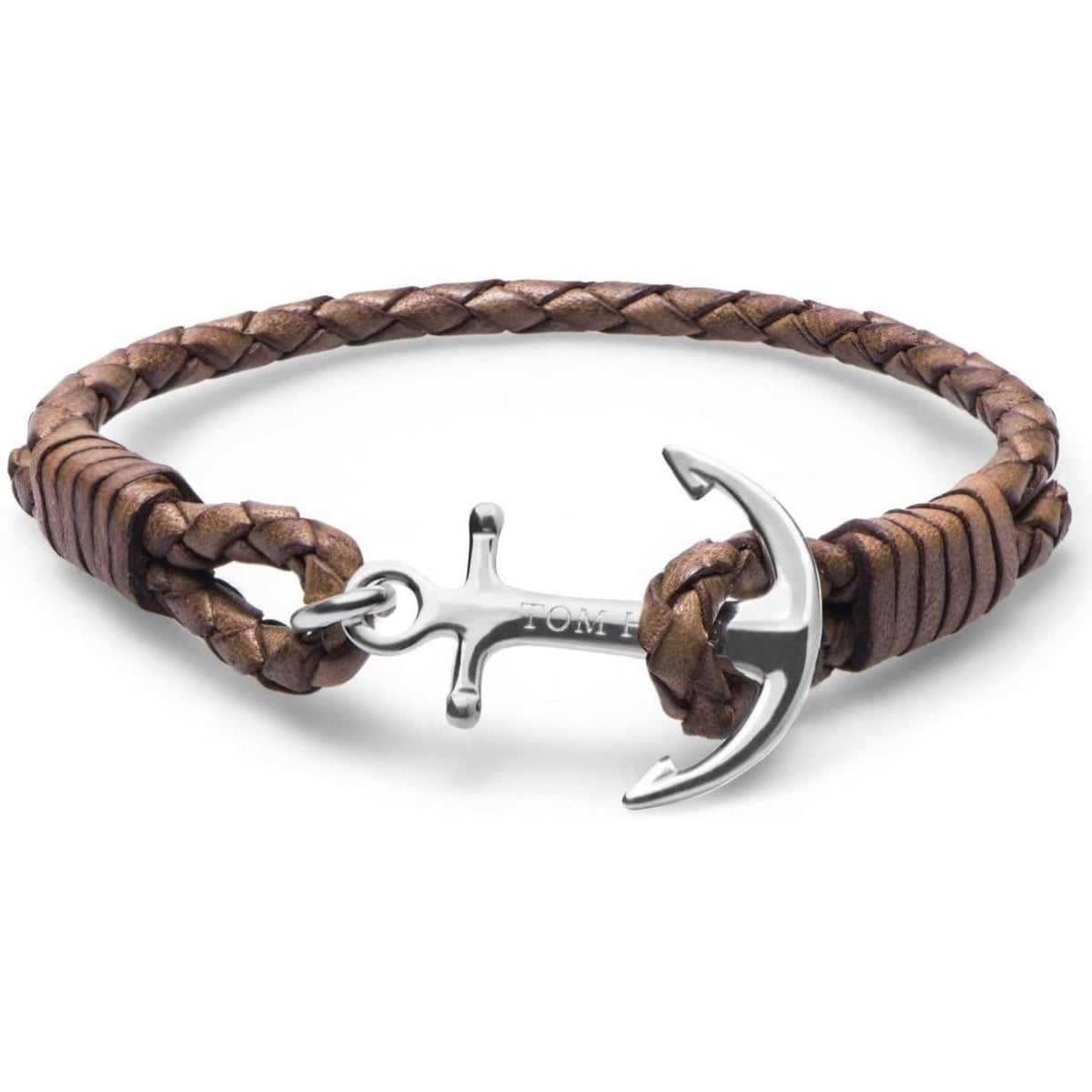 Cognac-brown anchor bracelet featuring silver anchor centerpiece and braided strap