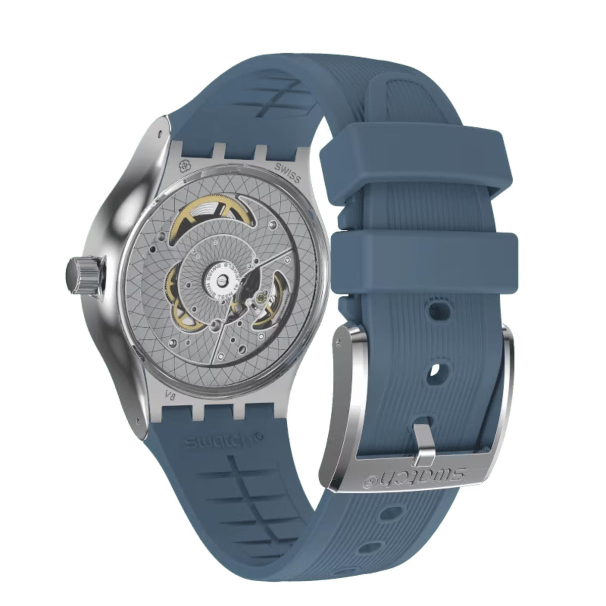 Men's blue quartz watch with skeleton dial and blue rubber strap, silver case