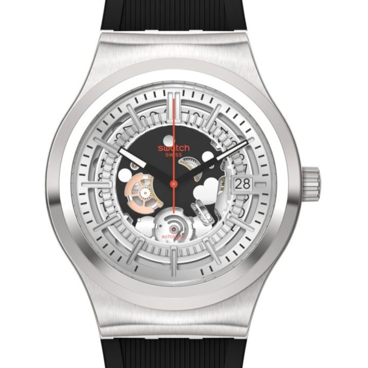 Silver-tone skeleton automatic watch with black rubber strap and date display at 3 o’clock