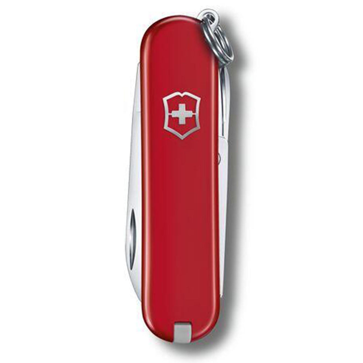 Red compact Victorinox folding pen knife with swiss cross logo and key ring