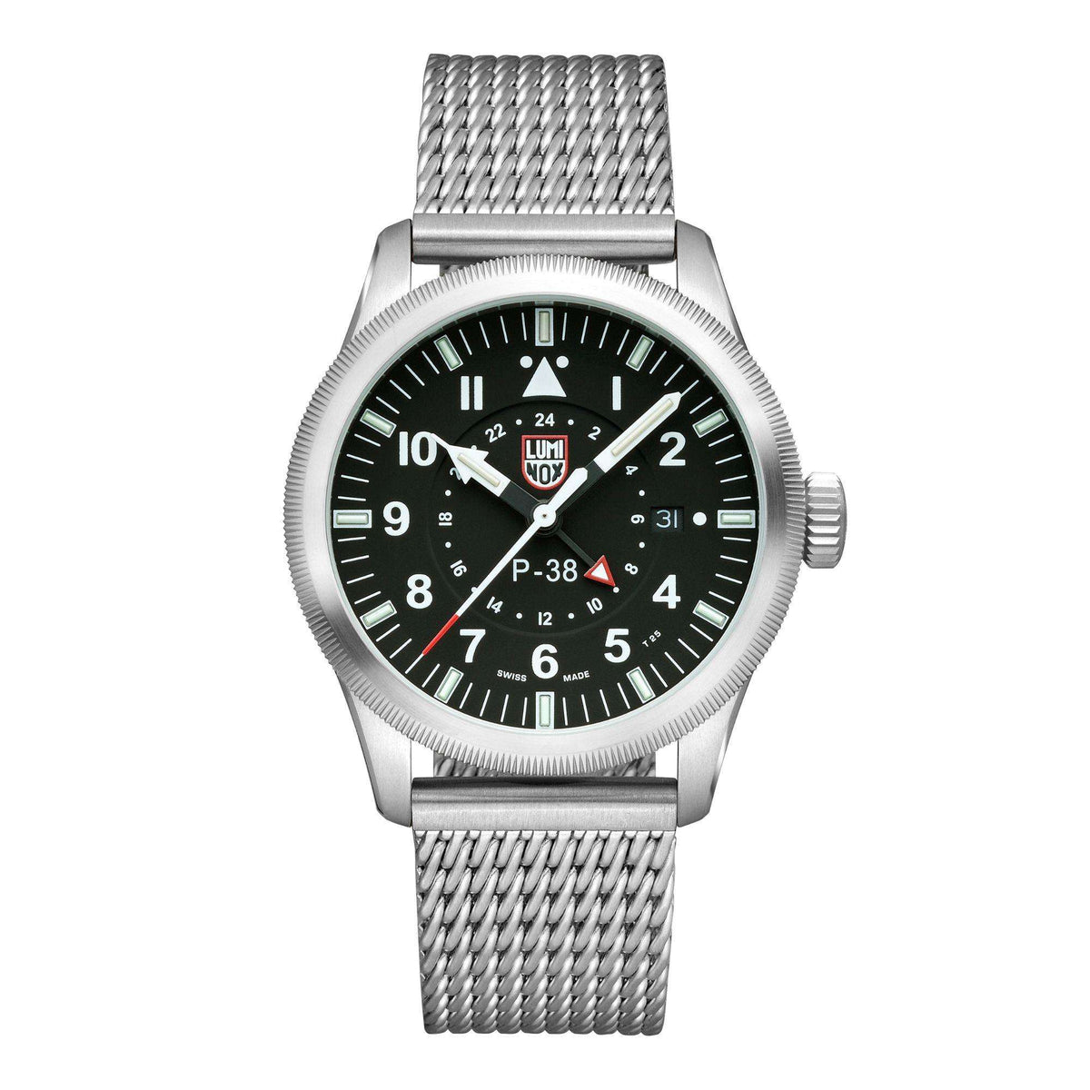Men's Luminox P-38 watch with black dial and silver milanese mesh bracelet