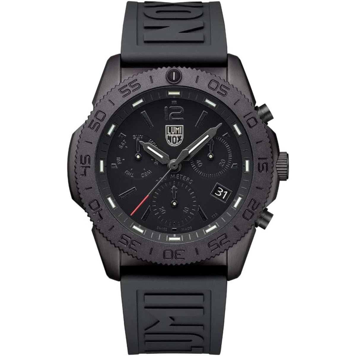 Black rubber chronograph diver watch with bezel scale and date window at 31
