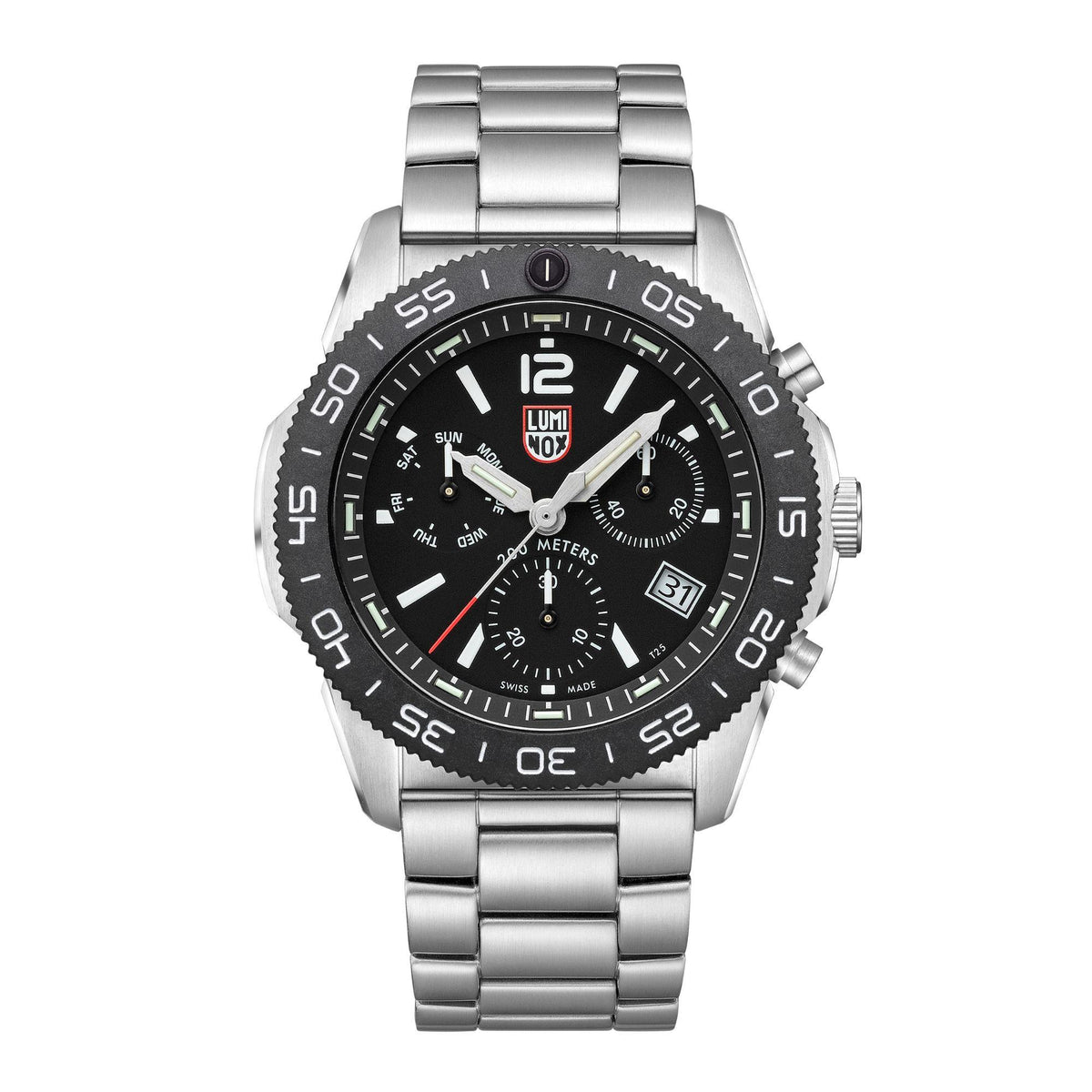Stainless steel diver chronograph watch with black dial, three subdials, and metal bracelet