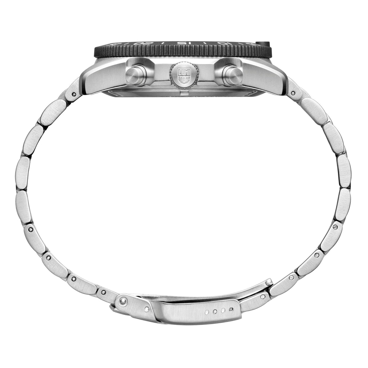 Stainless steel watch back view with crown hardware and linked metal bracelet