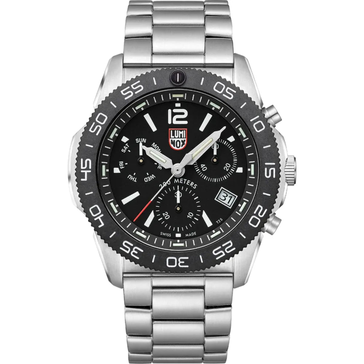 Stainless steel diver chronograph watch front view with black dial, lumed hands, subdials