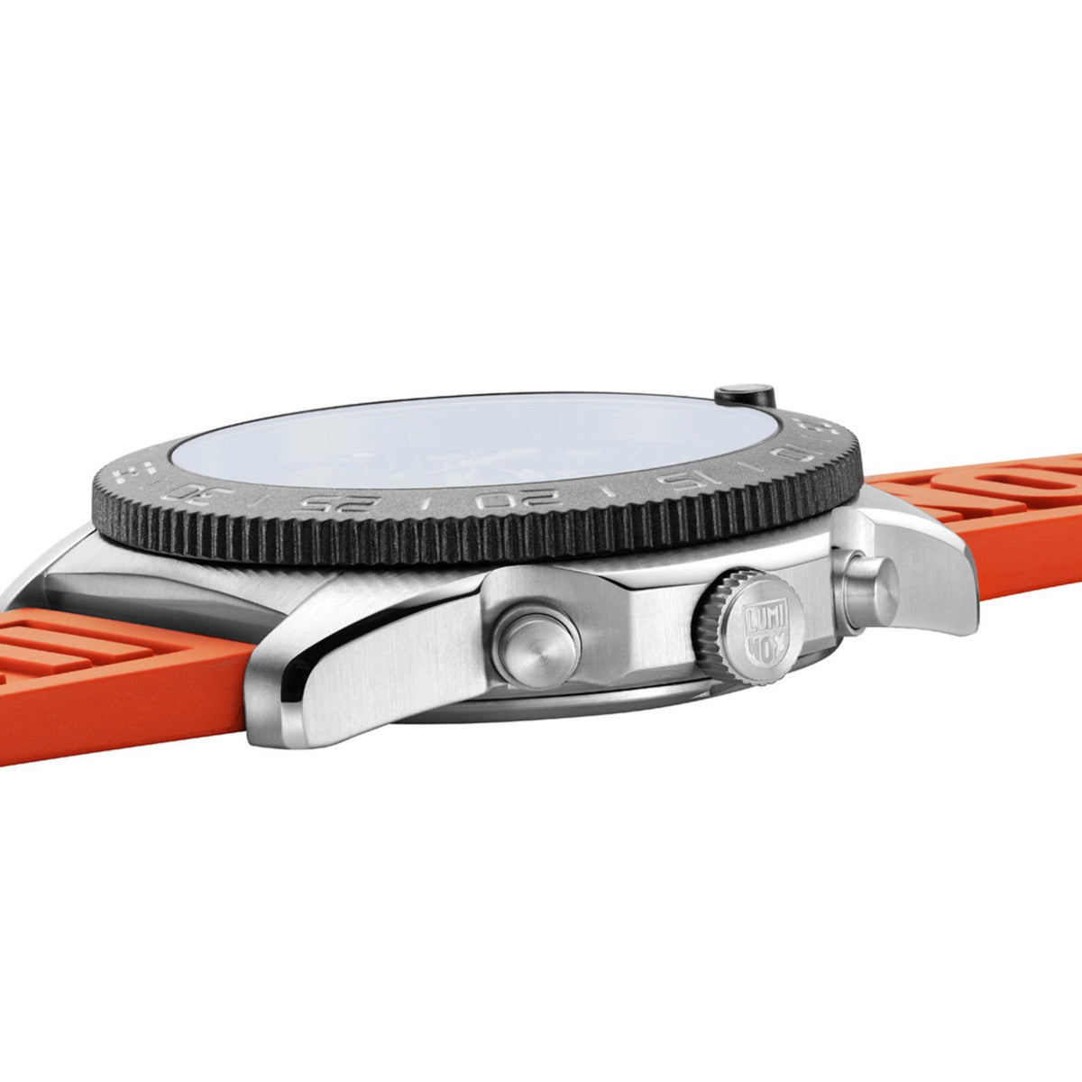 Luminox diver chronograph watch side view with crown and orange rubber strap