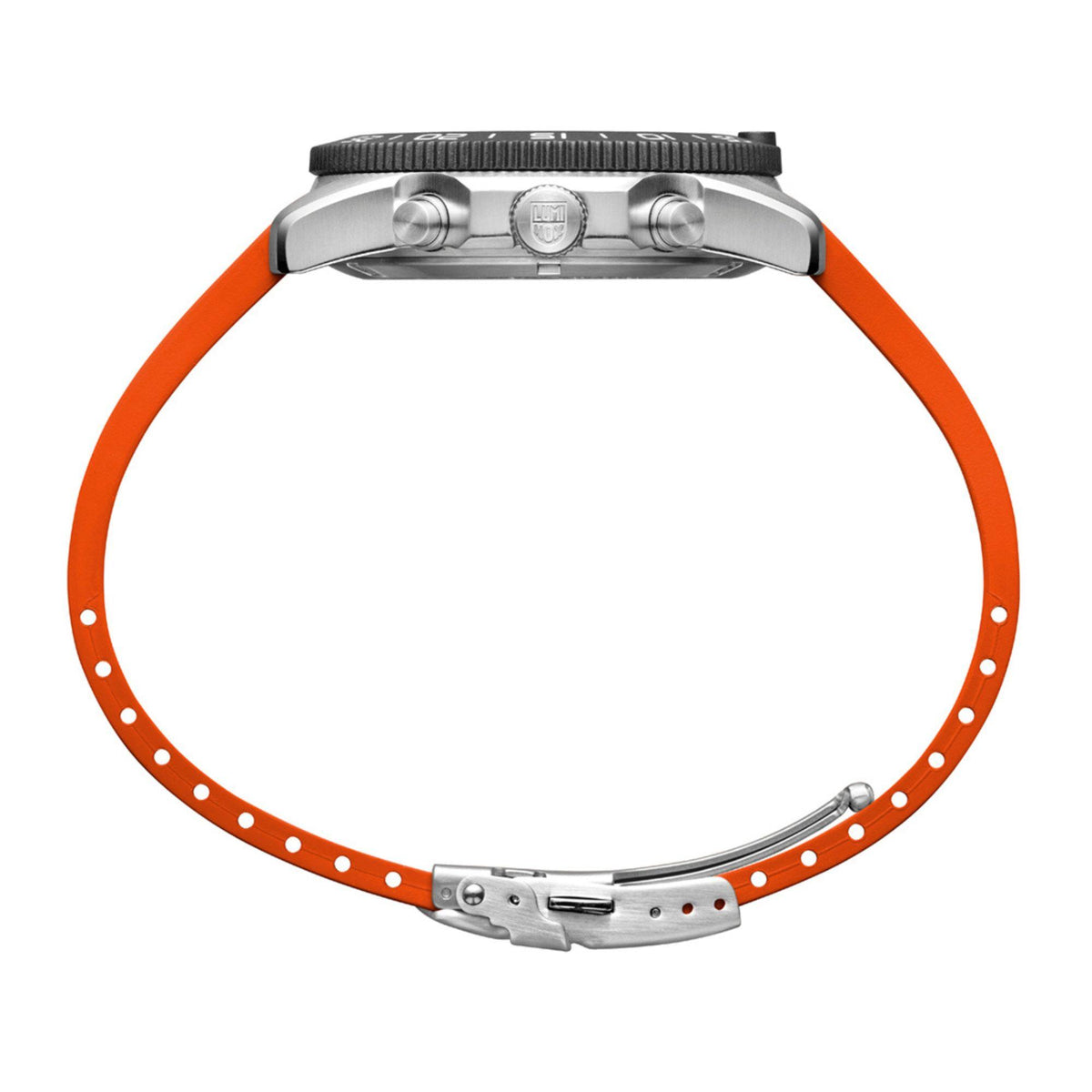 Luminox diver chronograph watch with orange rubber strap and metal clasp