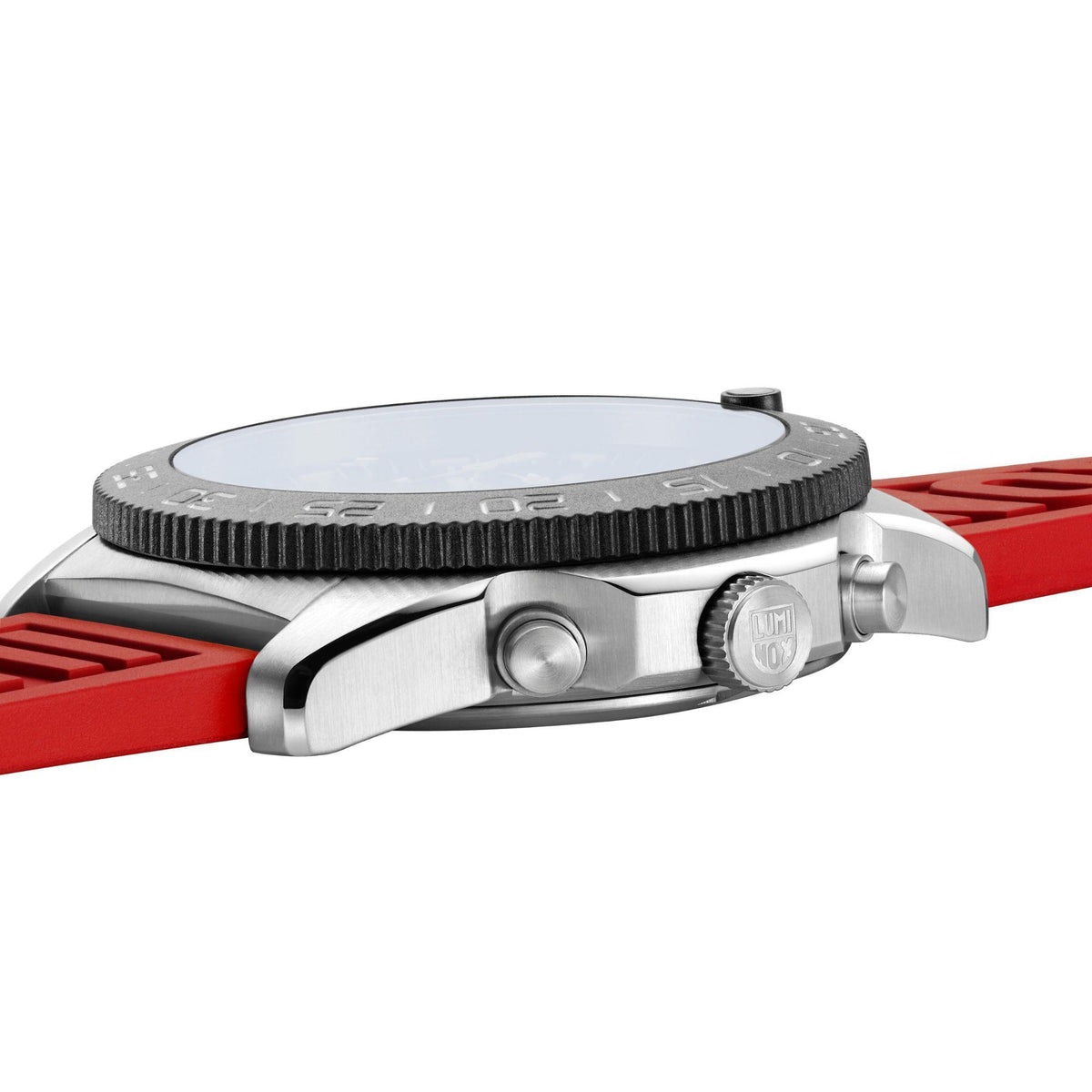 Men's diver chronograph watch side view: ridged bezel, crown detail, red rubber strap