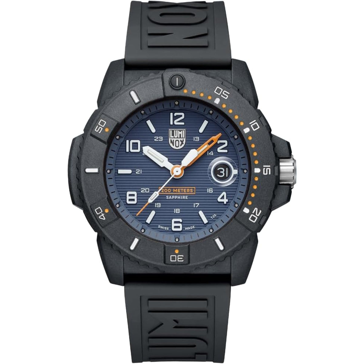 Men's Luminox dive watch front view, blue dial, black silicone strap, orange seconds hand