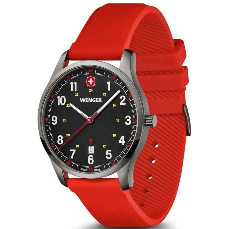 Wenger quartz wristwatch with black dial, red rubber strap, and silver crown on side.