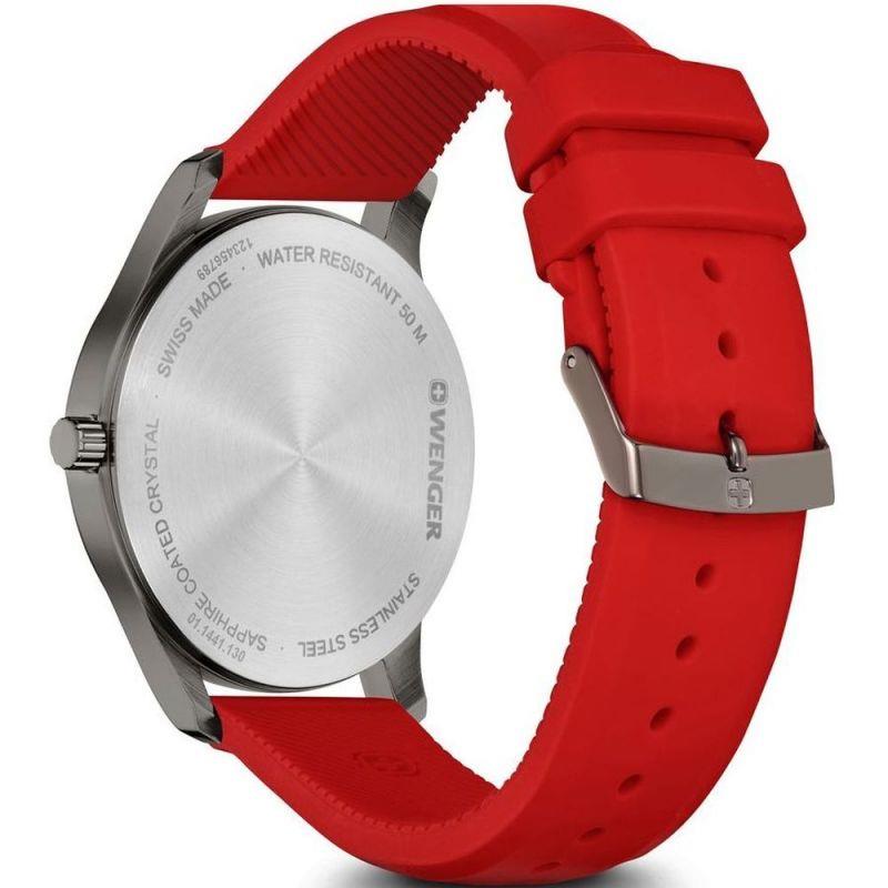 Wenger quartz wristwatch back case with WATER RESISTANT text and red rubber strap.