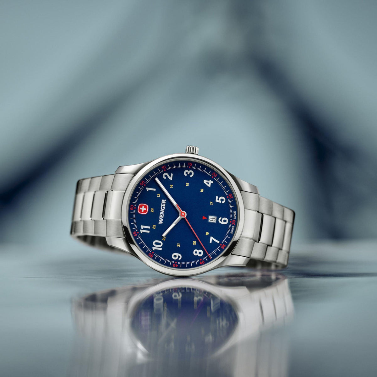 Wenger City Sports stainless steel bracelet watch, blue dial with red seconds hand