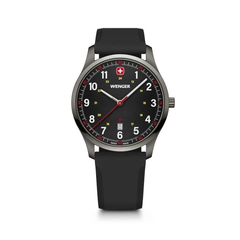 Men's black silicone-strap wristwatch with black dial and metallic bezel