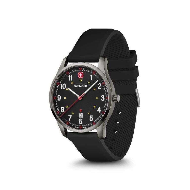 Men's black silicone wristwatch angled view, black dial and silver-toned case