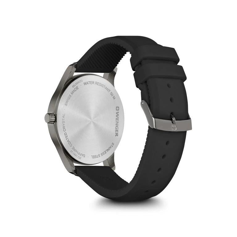Men's black silicone wristwatch side view with water resistance text on caseback