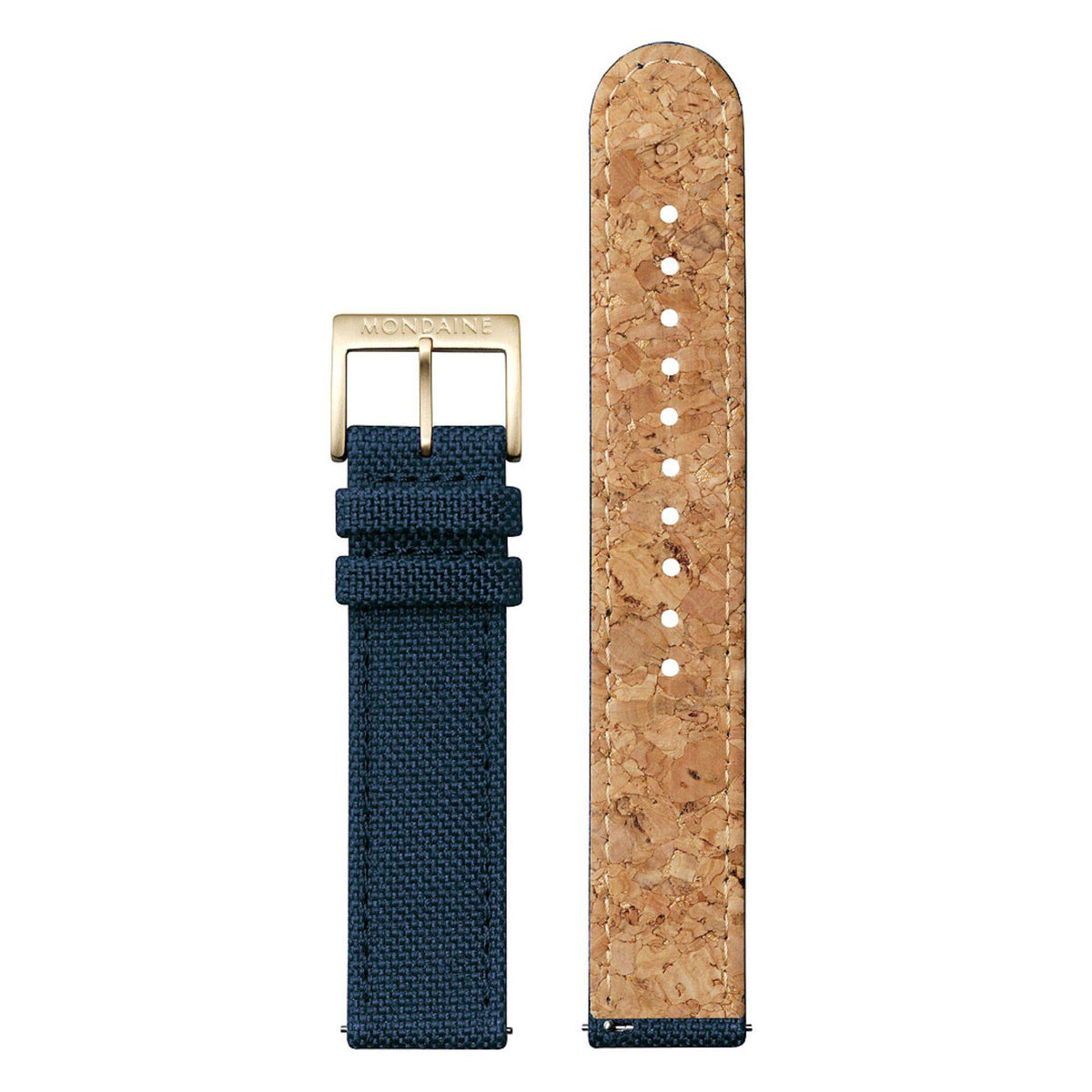 Mondaine watch clasp with blue fabric strap and tan cork-style strap backing