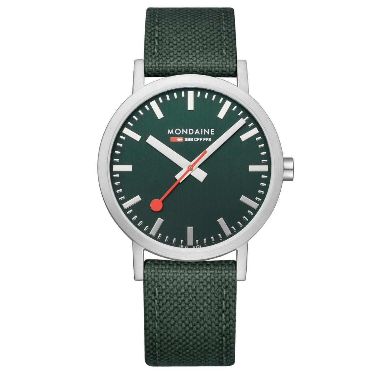 Mondaine classic forest green dial wristwatch with white hour markers and green fabric strap