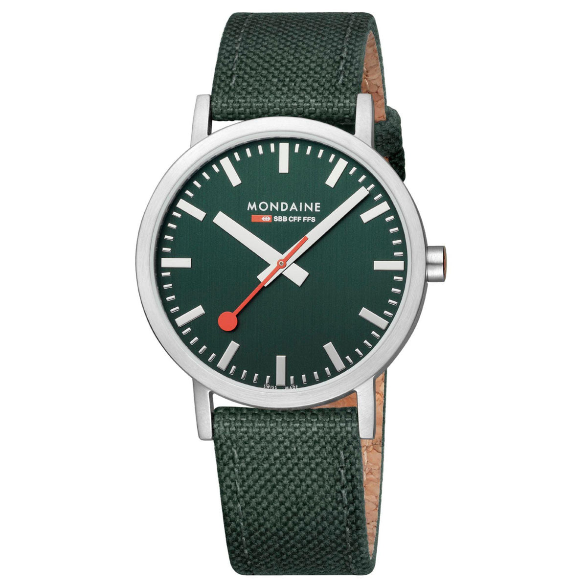 Mondaine classic green dial wristwatch with silver case, red second hand, green fabric strap