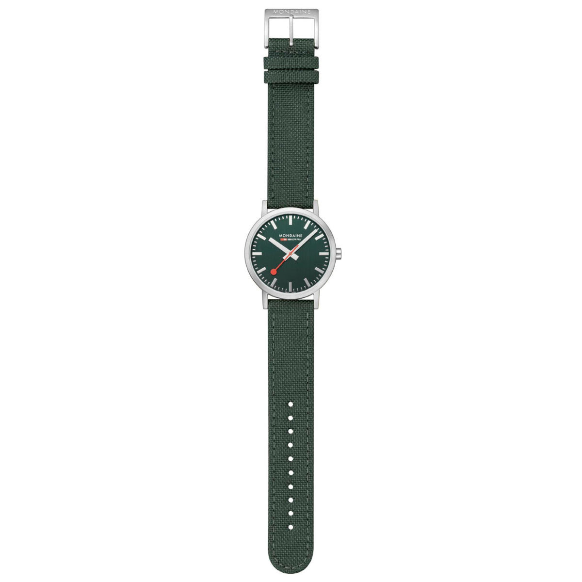 Mondaine classic forest green dial watch on green fabric strap with rectangular buckle