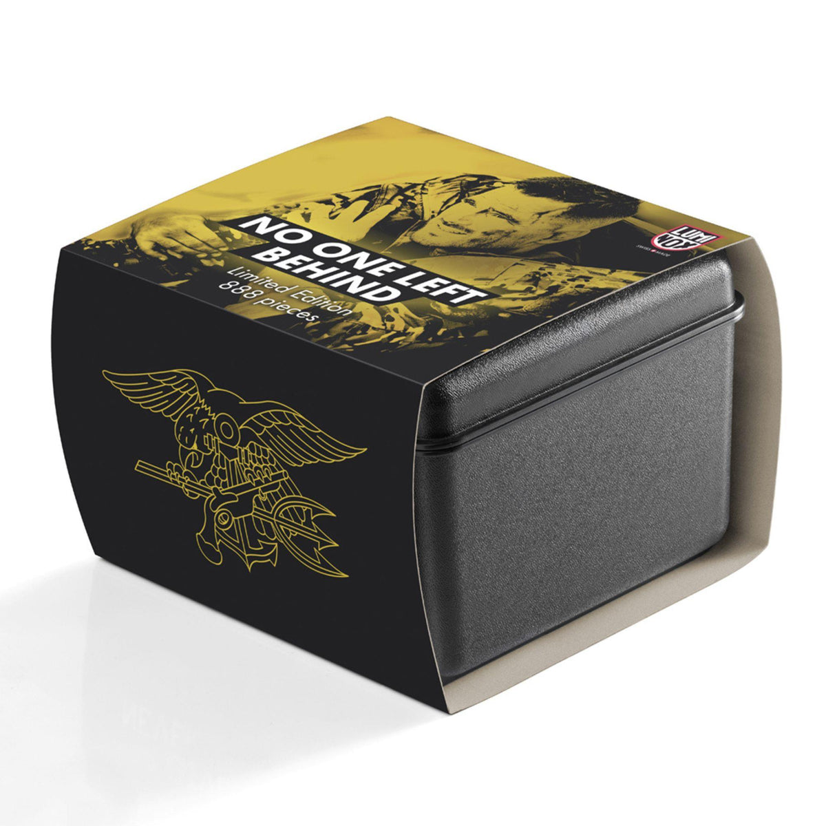 Black and yellow watch presentation box with logo and military-style graphic