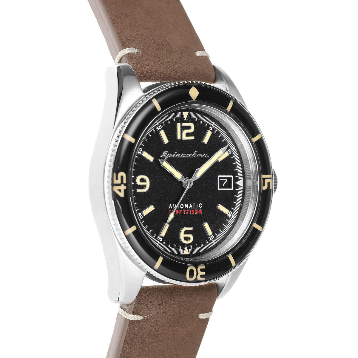 Men's automatic watch angled front, black dial, gold hands and markers, brown leather strap