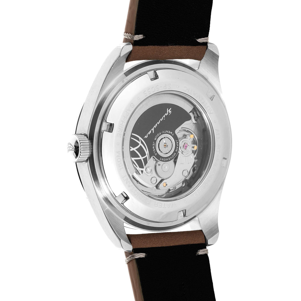 Men's watch back view, visible mechanical movement, silver case, dark leather strap