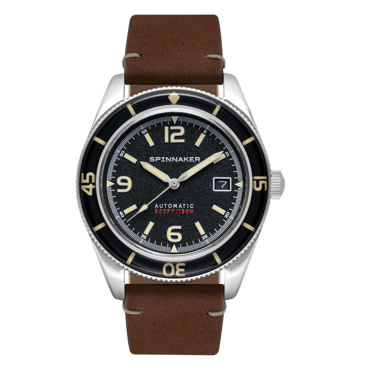 Men's automatic watch front view, black dial, brown leather strap, stainless steel case
