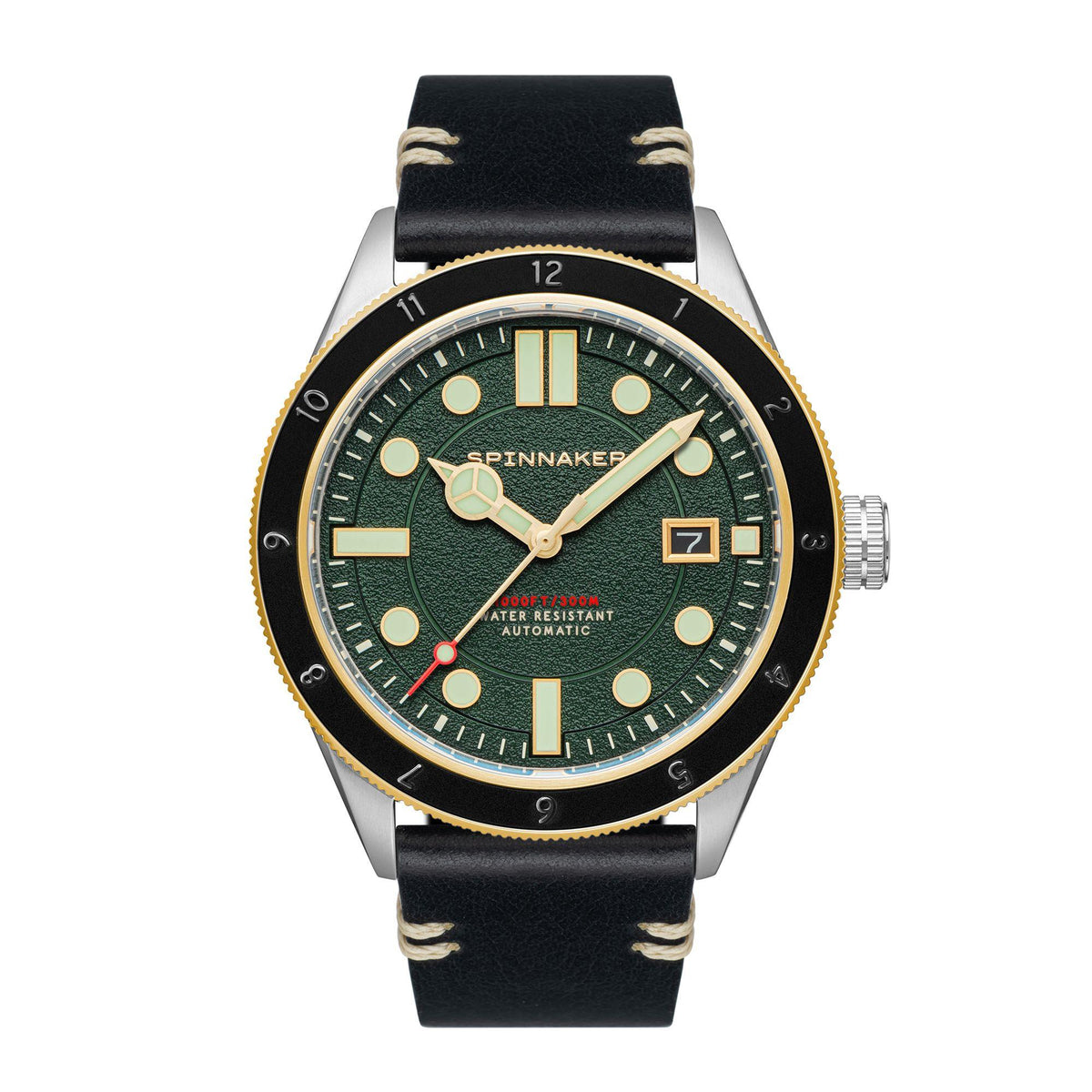 Men's round watch, dark green dial with markers, gold-tone bezel, black leather strap.