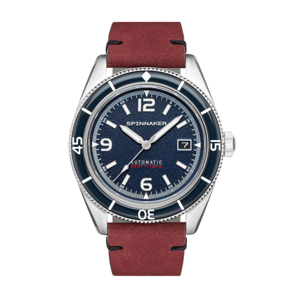 Men's wristwatch with prussian blue dial, silver case, and red leather strap