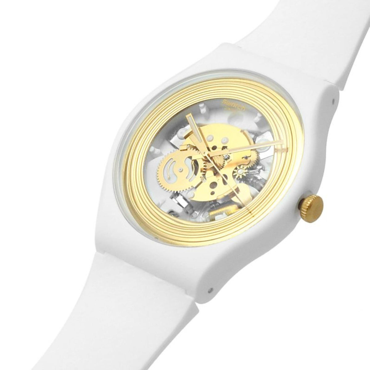 White silicone quartz watch with gold skeleton dial and textured side button