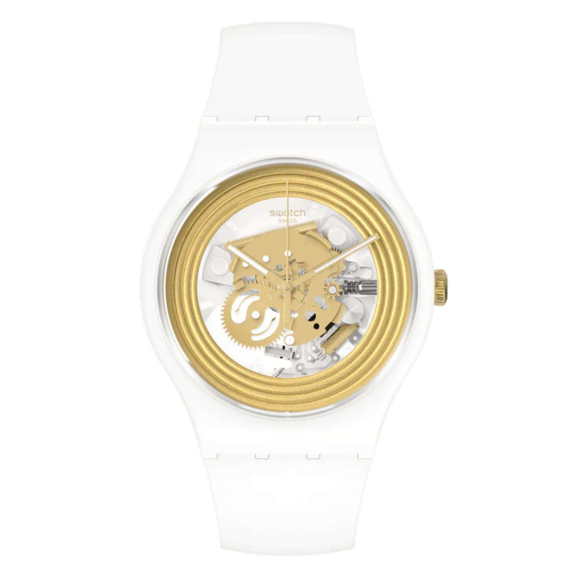 White silicone quartz watch angled view with gold-toned dial detailing