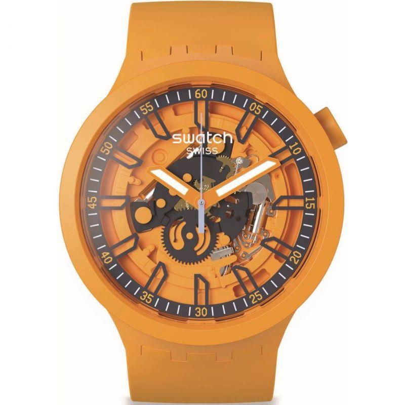 Orange Swatch skeleton dial watch front view with dark bezel and orange hands