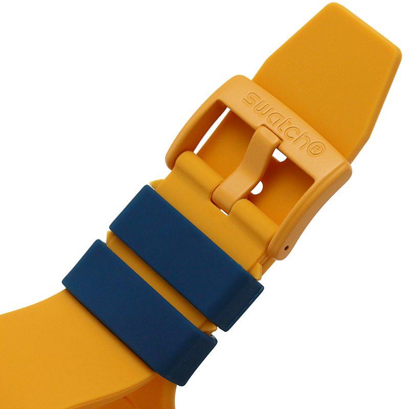 Orange silicone watch strap with blue accents and adjustable buckle detail