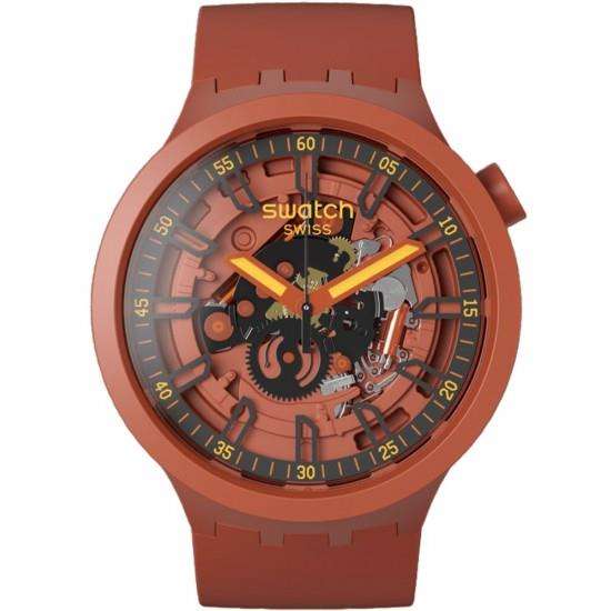 Rust-orange skeleton dial watch front view with open hearts, orange hands, black bezel, rubber strap