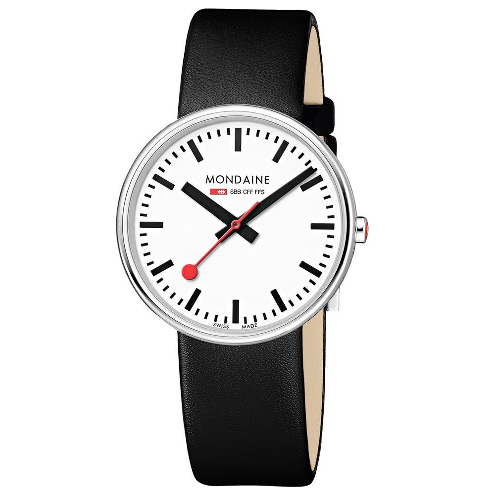 Mondaine mini quartz watch front view with white dial, black leather strap, red accents