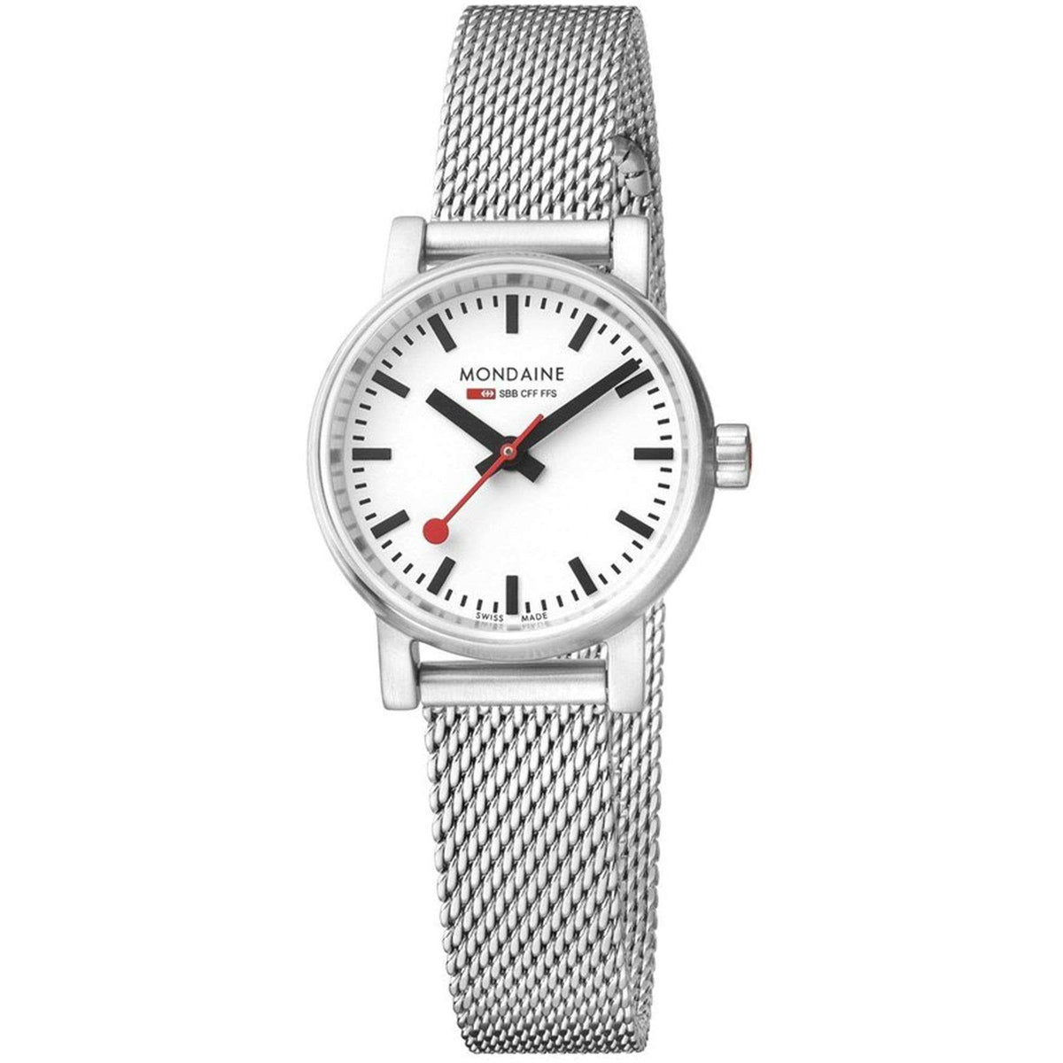 Mondaine Evo2 petite ladies watch with white dial, red seconds, stainless mesh band
