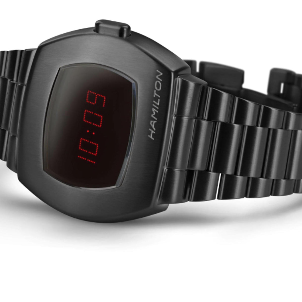 Black men's digital watch with red LED digits and steel bracelet