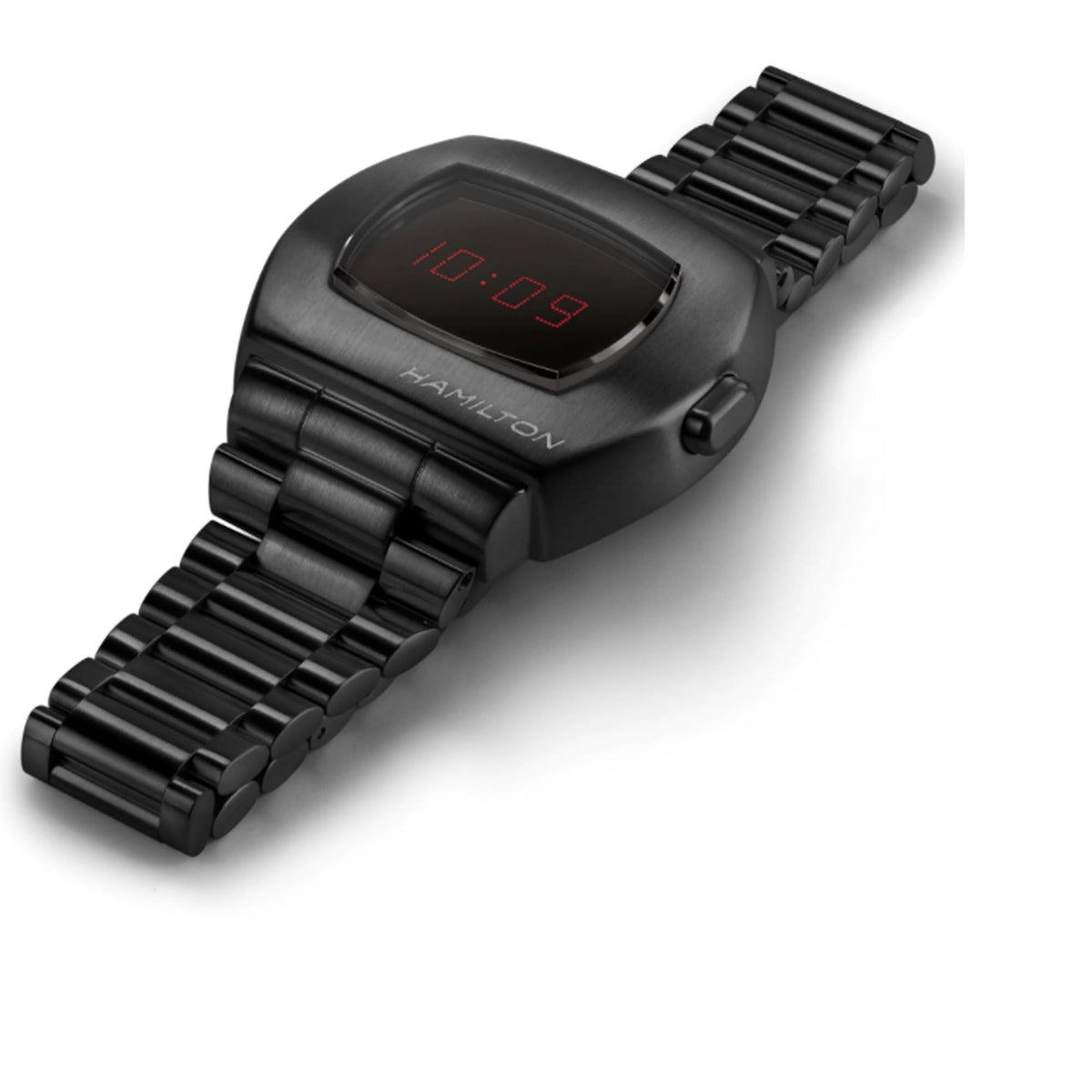 Hamilton men's black digital quartz watch with steel bracelet and red LCD display