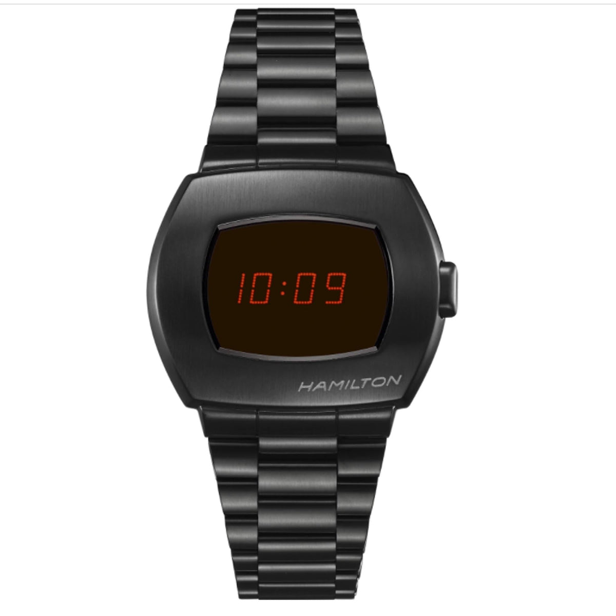 Men's digital quartz watch with black steel bracelet and red LED time display