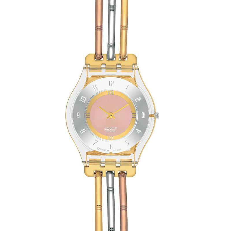 Front view tri-gold quartz ladies watch with pink dial and gold-silver band