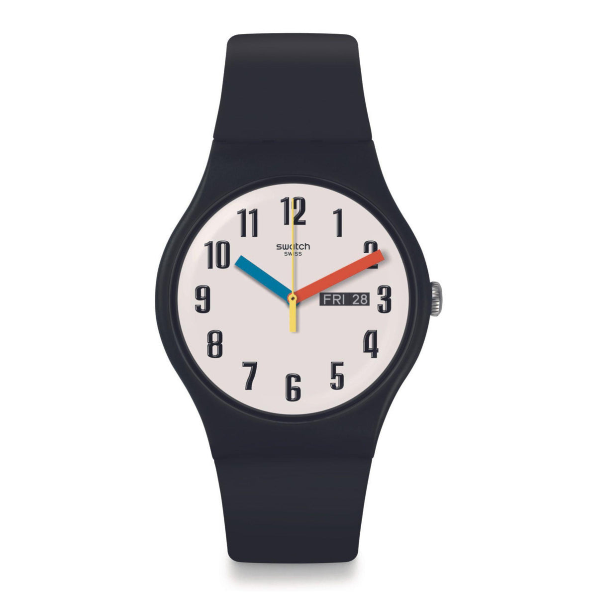 Swatch Elementary wristwatch with white dial, colorful hands, and day/date window