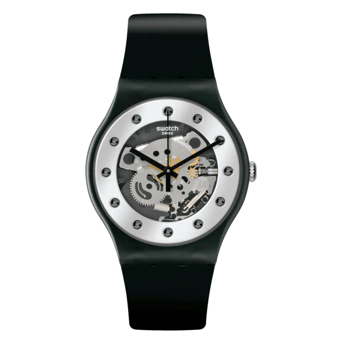 Quartz watch with silver skeleton dial, black rubber strap, round case and bezel