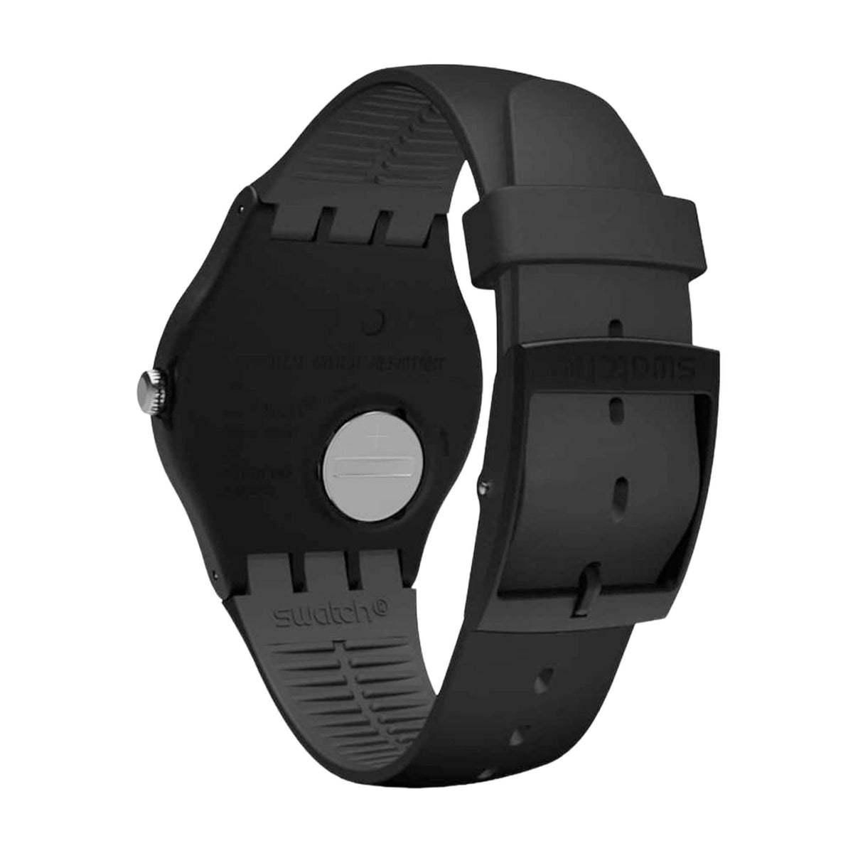 Quartz watch with black rubber strap shown from side, round case and crown detail