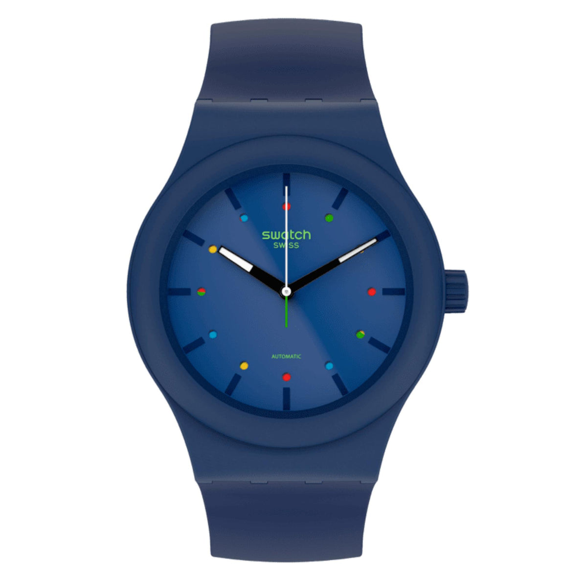 Men's Swatch quartz watch with blue dial and multicolor hour markers, navy rubber strap