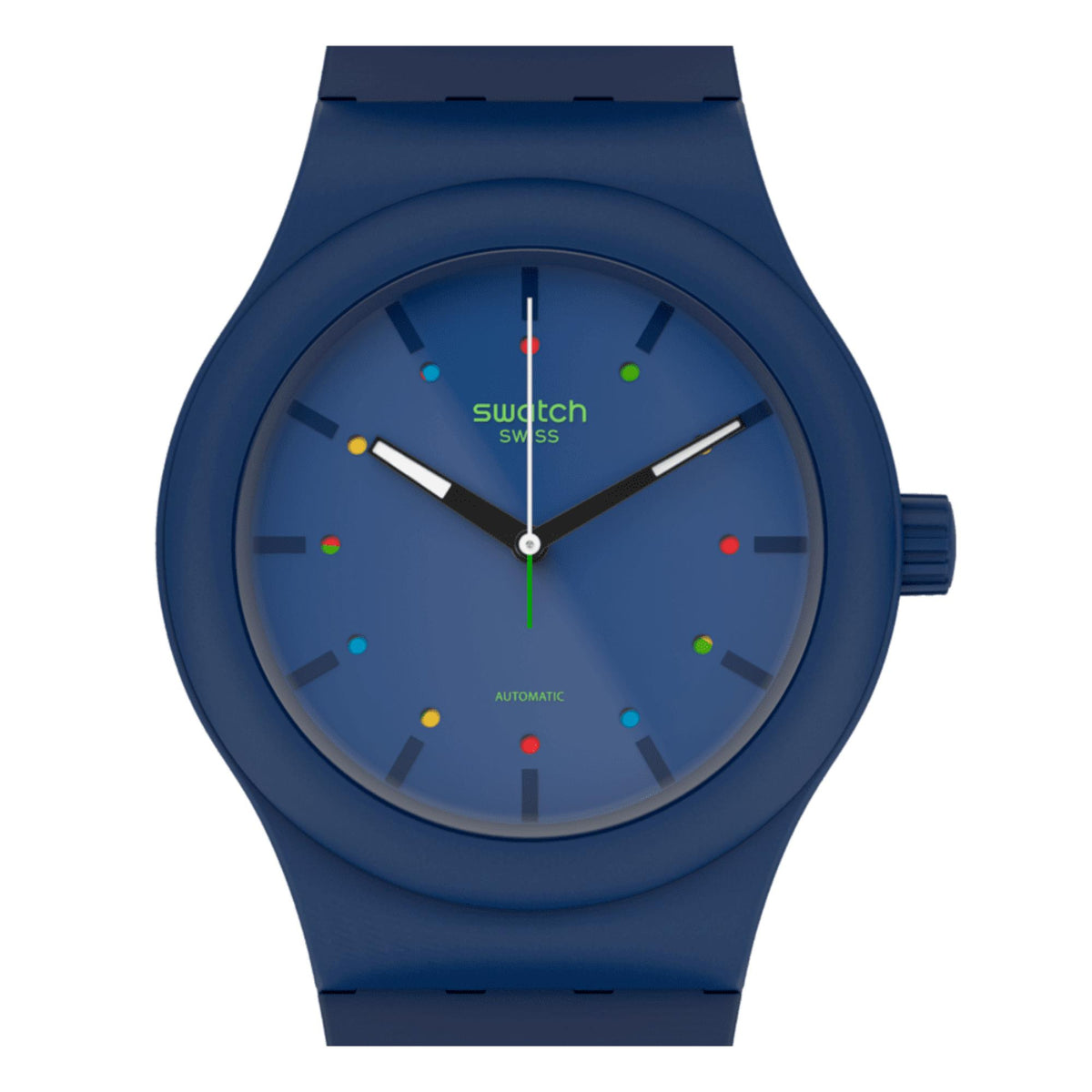 Men's Swatch quartz watch, blue dial with multicolor indices, three-hand layout, rubber strap