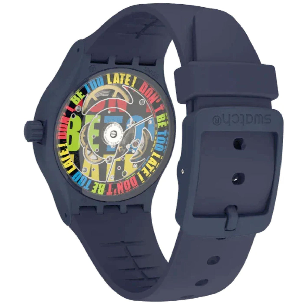 Men's blue silicone watch with colorful graphic dial and round blue case